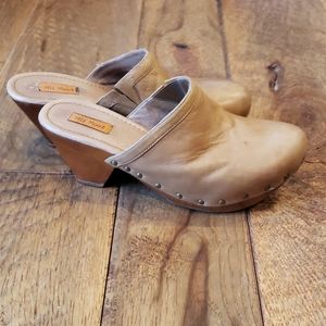 Camel beige leather studded clogs by Miz Mooz